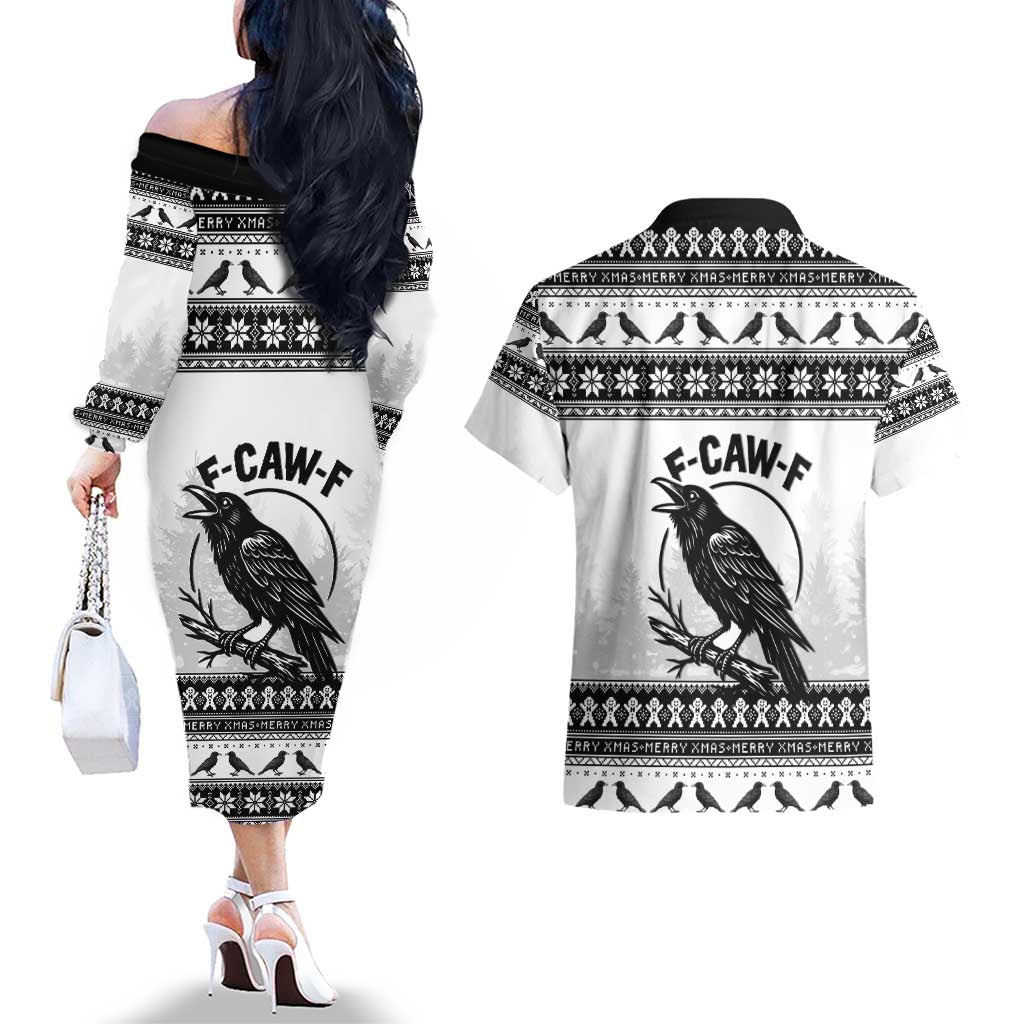 Funny Christmas F Caw F Raven Couples Matching Off The Shoulder Long Sleeve Dress and Hawaiian Shirt Merry Craw Mas - Wonder Print Shop