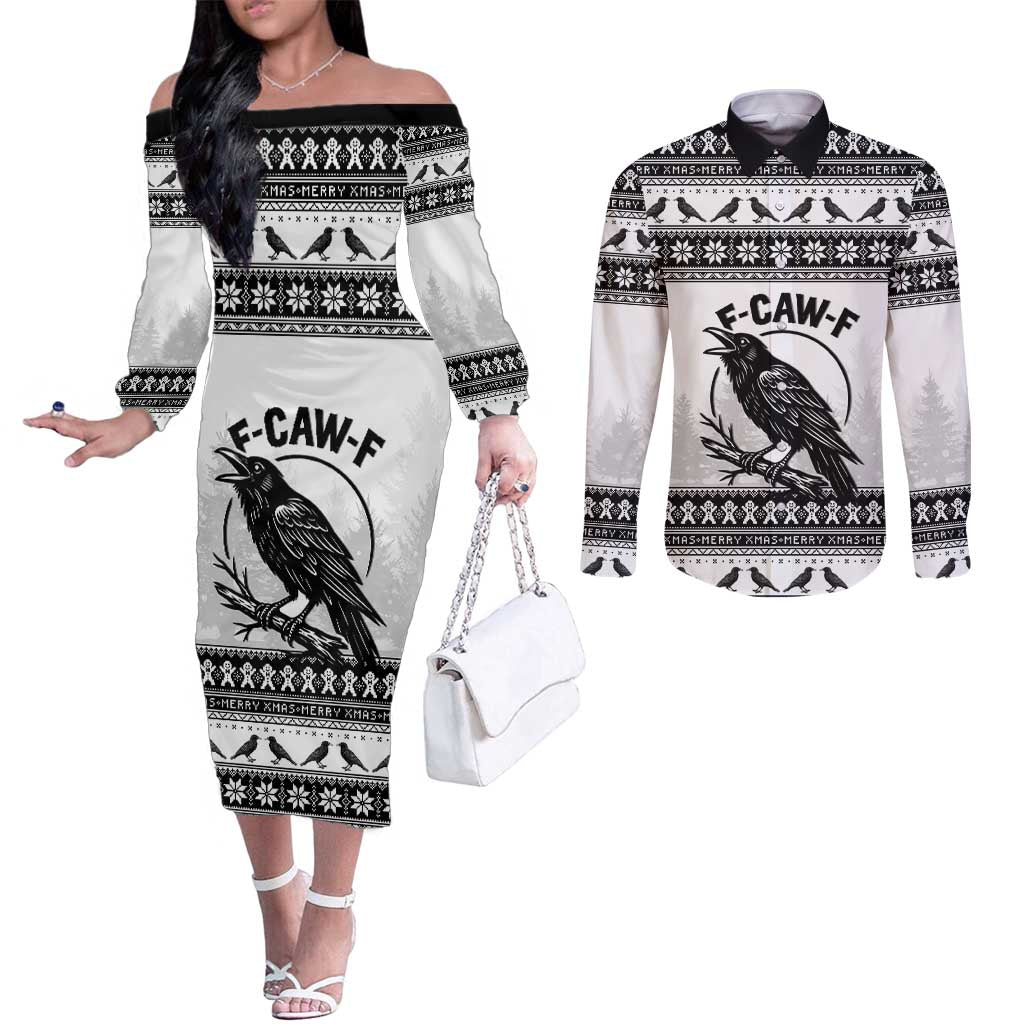 Funny Christmas F Caw F Raven Couples Matching Off The Shoulder Long Sleeve Dress and Long Sleeve Button Shirt Merry Craw Mas - Wonder Print Shop