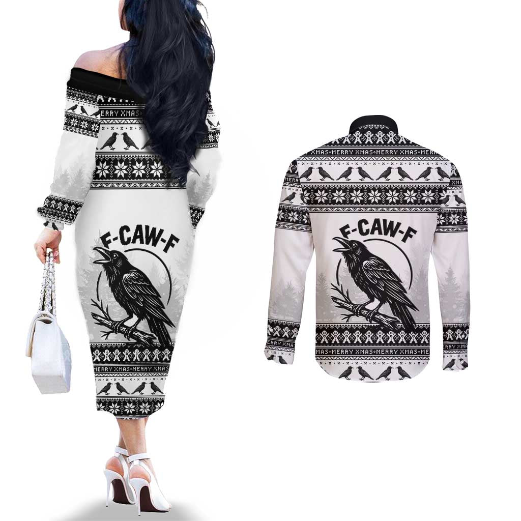 Funny Christmas F Caw F Raven Couples Matching Off The Shoulder Long Sleeve Dress and Long Sleeve Button Shirt Merry Craw Mas - Wonder Print Shop