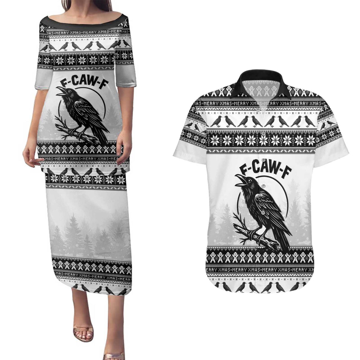 Funny Christmas F Caw F Raven Couples Matching Puletasi and Hawaiian Shirt Merry Craw Mas - Wonder Print Shop