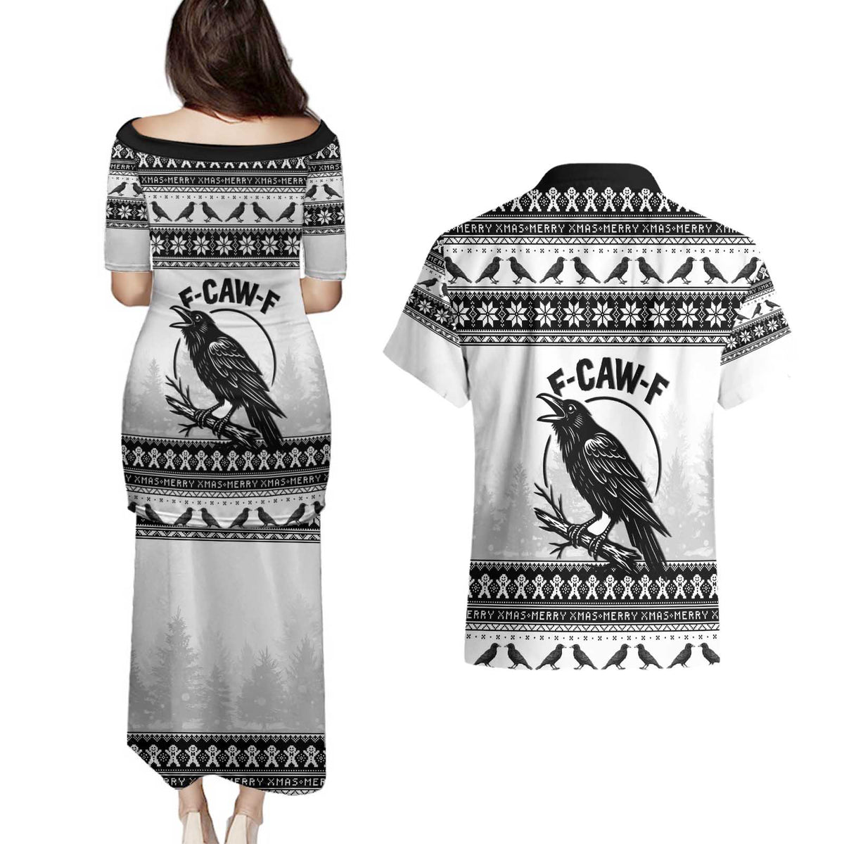 Funny Christmas F Caw F Raven Couples Matching Puletasi and Hawaiian Shirt Merry Craw Mas - Wonder Print Shop