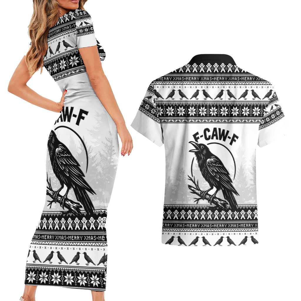 Funny Christmas F Caw F Raven Couples Matching Short Sleeve Bodycon Dress and Hawaiian Shirt Merry Craw Mas - Wonder Print Shop