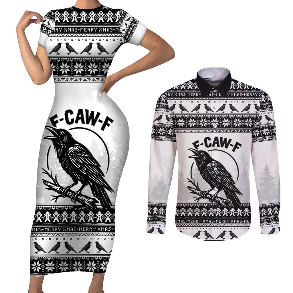 Funny Christmas F Caw F Raven Couples Matching Short Sleeve Bodycon Dress and Long Sleeve Button Shirt Merry Craw Mas - Wonder Print Shop