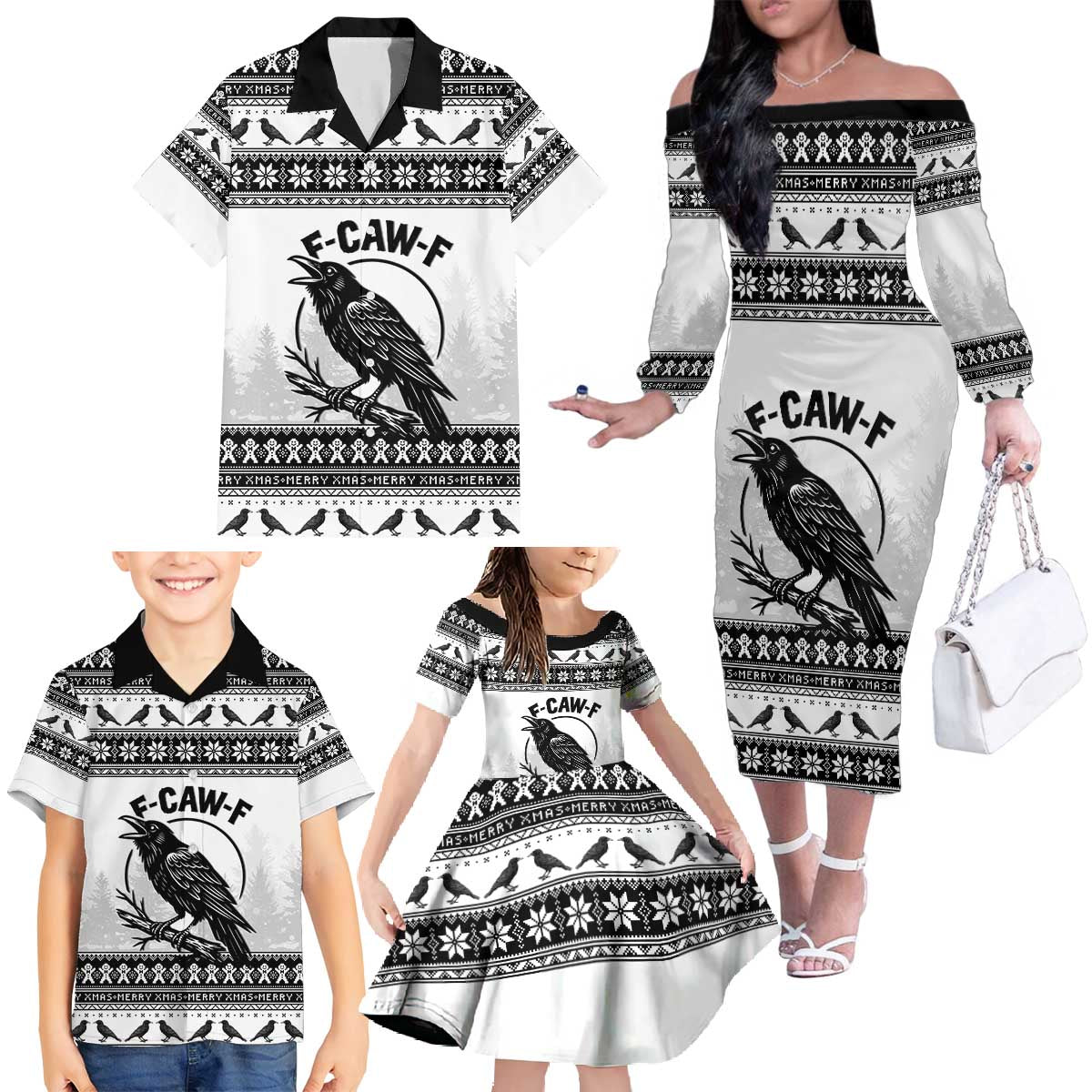 Funny Christmas F Caw F Raven Family Matching Off The Shoulder Long Sleeve Dress and Hawaiian Shirt Merry Craw Mas - Wonder Print Shop