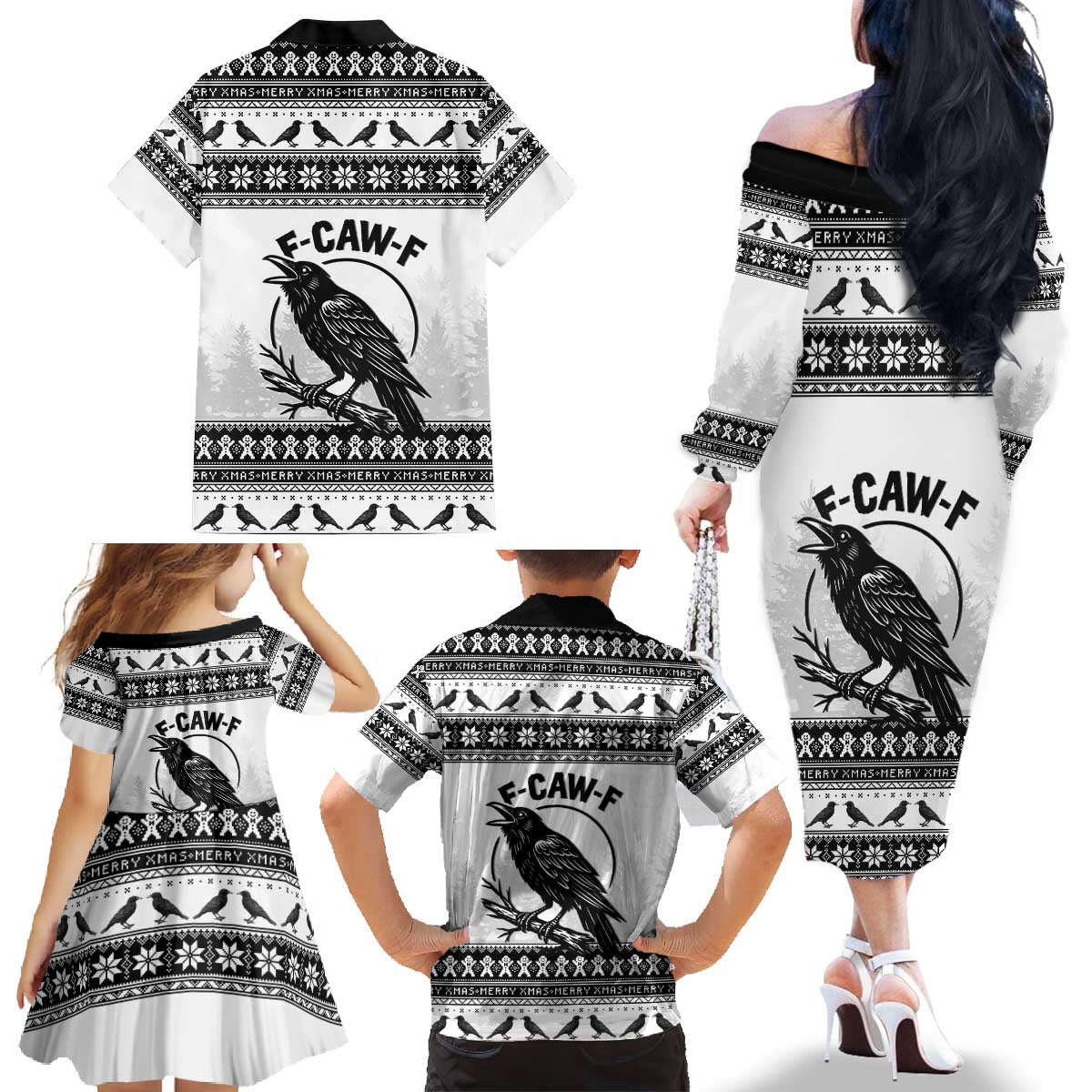 Funny Christmas F Caw F Raven Family Matching Off The Shoulder Long Sleeve Dress and Hawaiian Shirt Merry Craw Mas - Wonder Print Shop