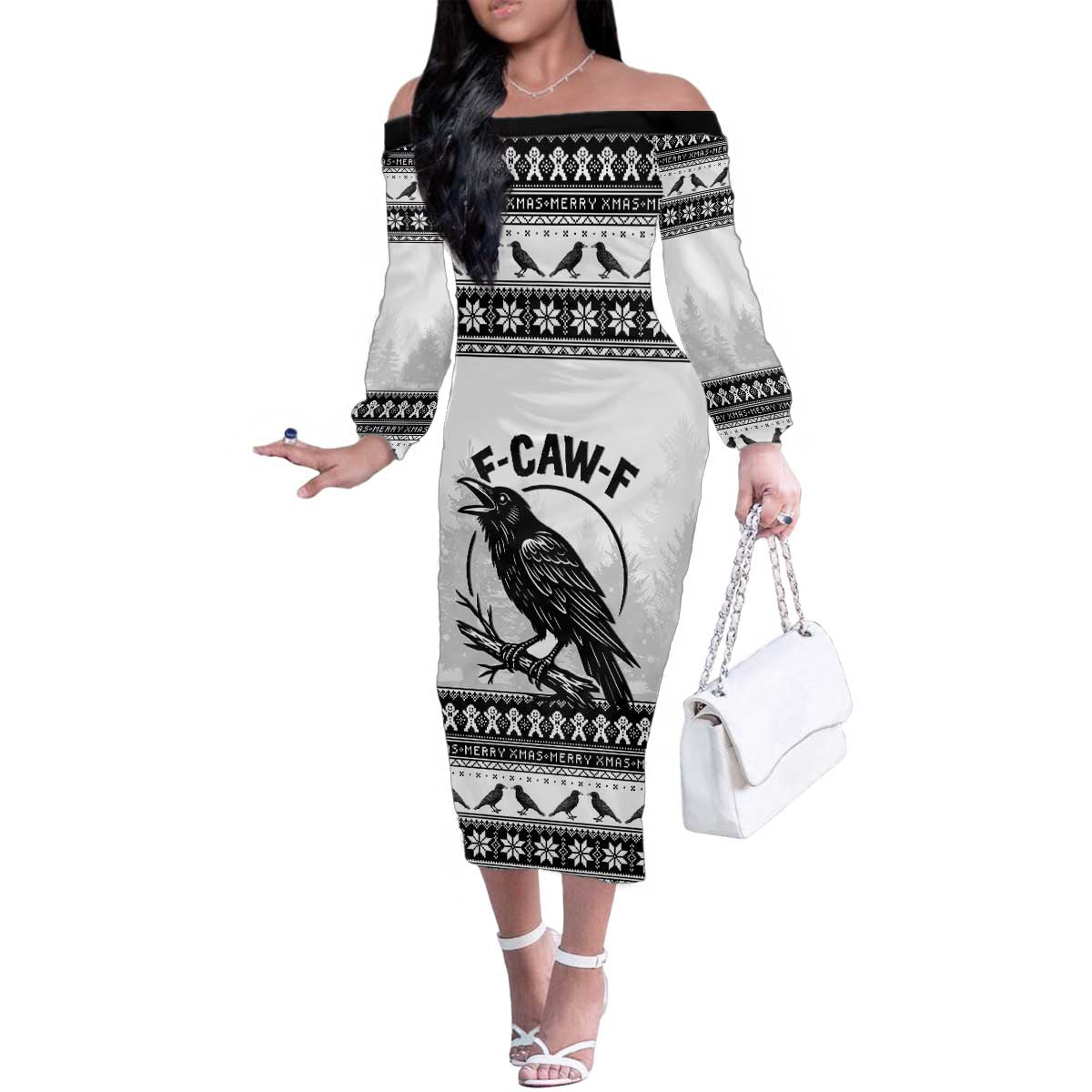 Funny Christmas F Caw F Raven Family Matching Off The Shoulder Long Sleeve Dress and Hawaiian Shirt Merry Craw Mas - Wonder Print Shop