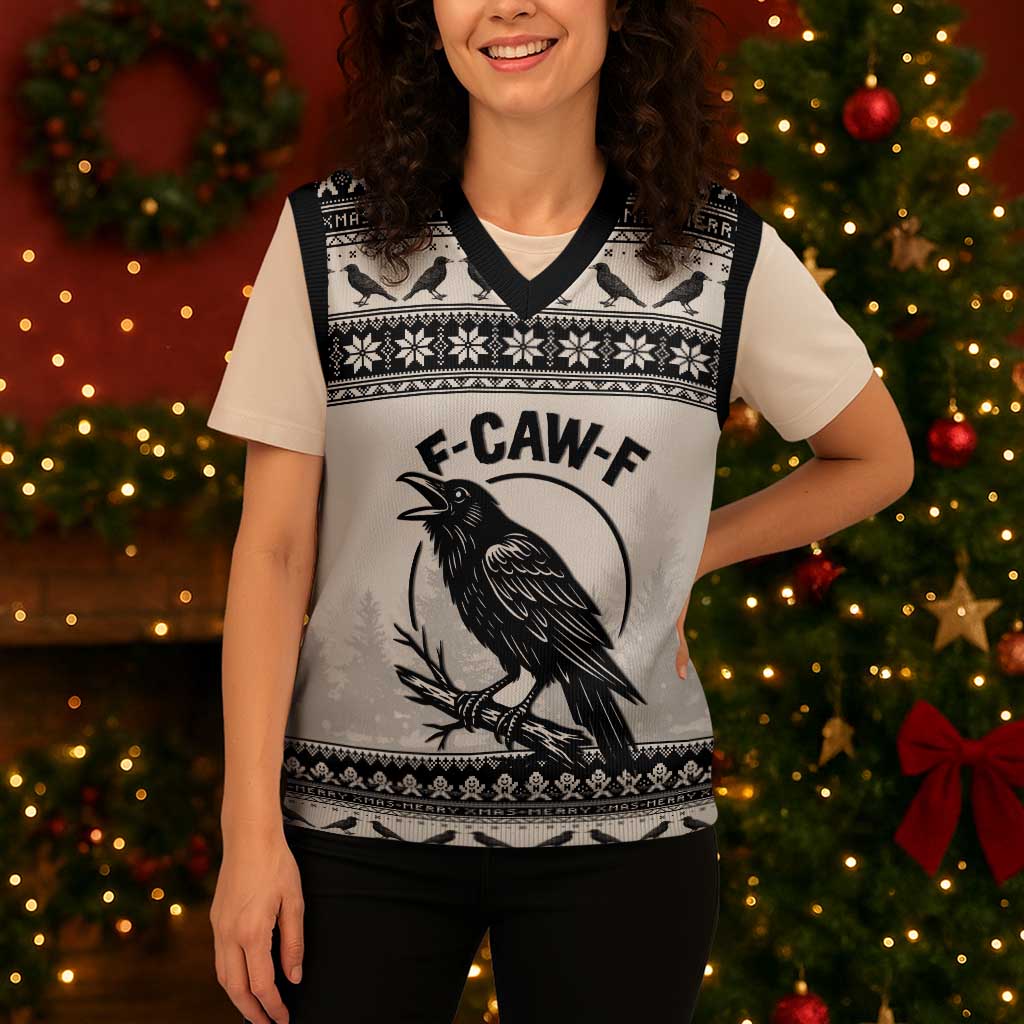 Funny Christmas F Caw F Raven Christmas Knitted V-Neck Vest Merry Craw Mas - Wonder Print Shop
