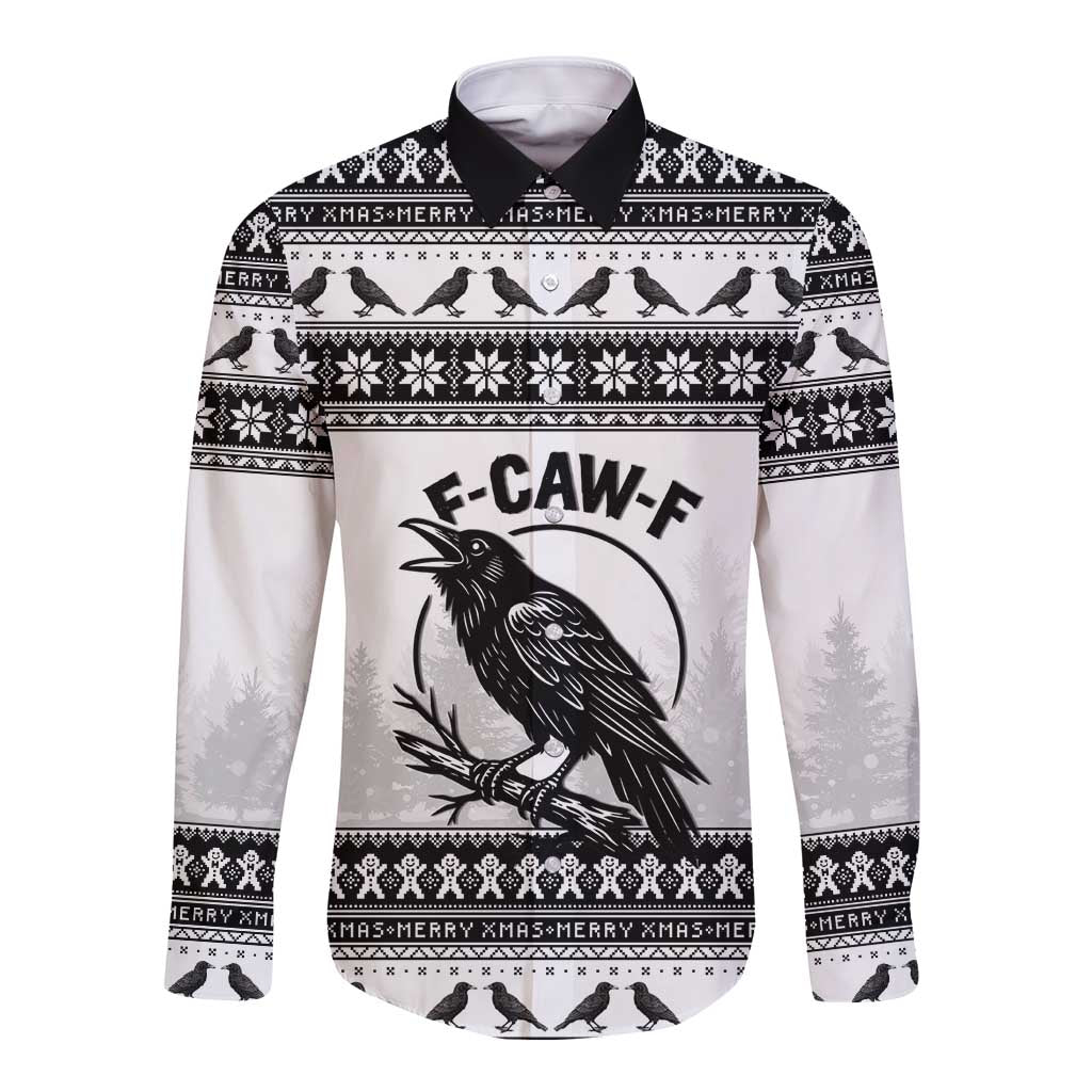 Funny Christmas F Caw F Raven Long Sleeve Button Shirt Merry Craw Mas - Wonder Print Shop