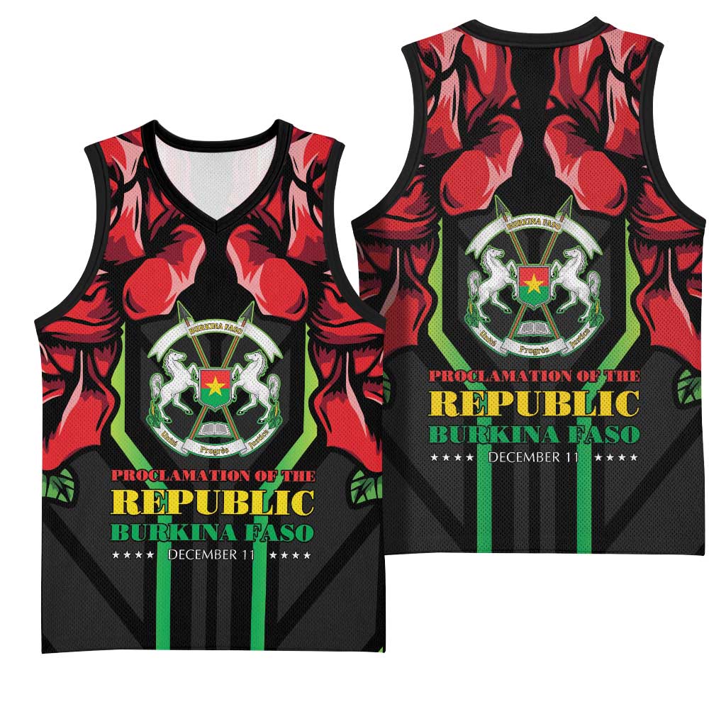Burkina Faso Republic Day Basketball Jersey Coat Of Arms With Rose - Wonder Print Shop