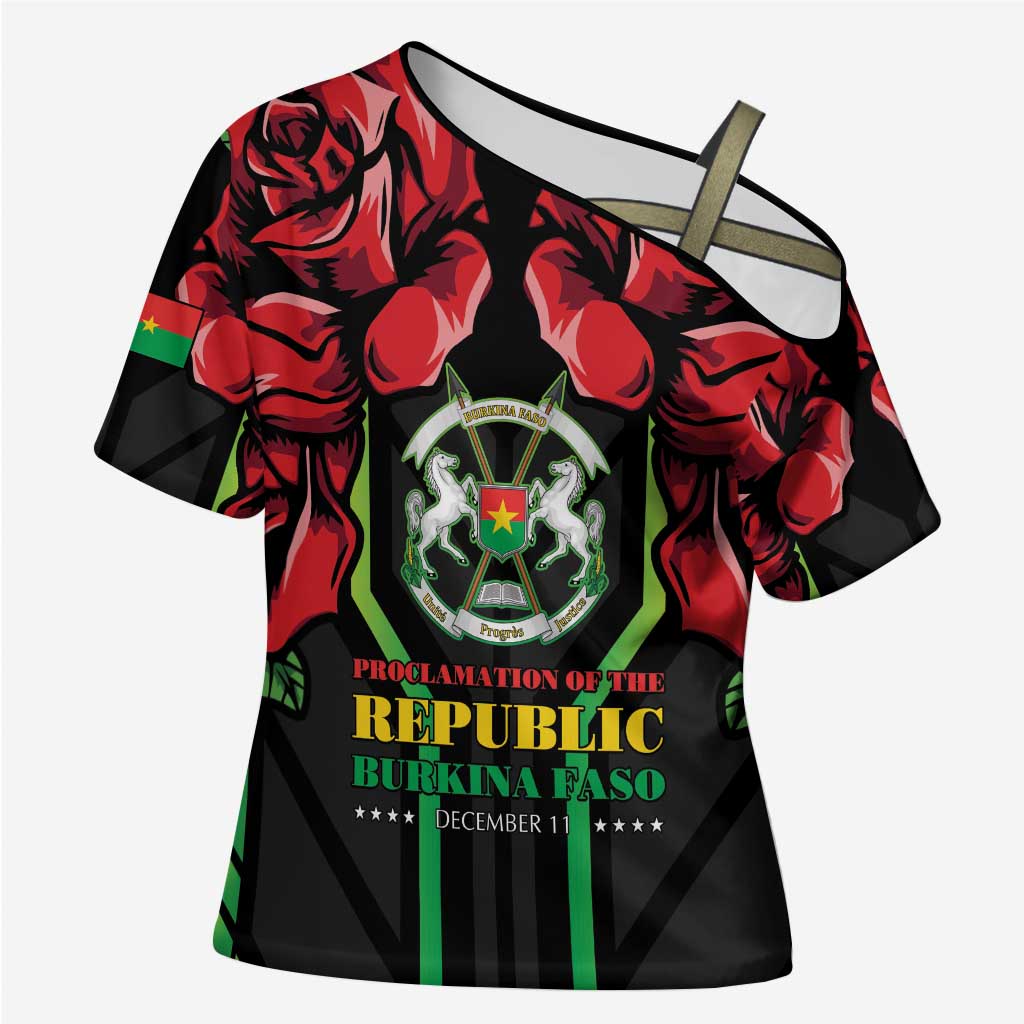 Burkina Faso Republic Day Cross Shoulder Shirt Coat Of Arms With Rose - Wonder Print Shop