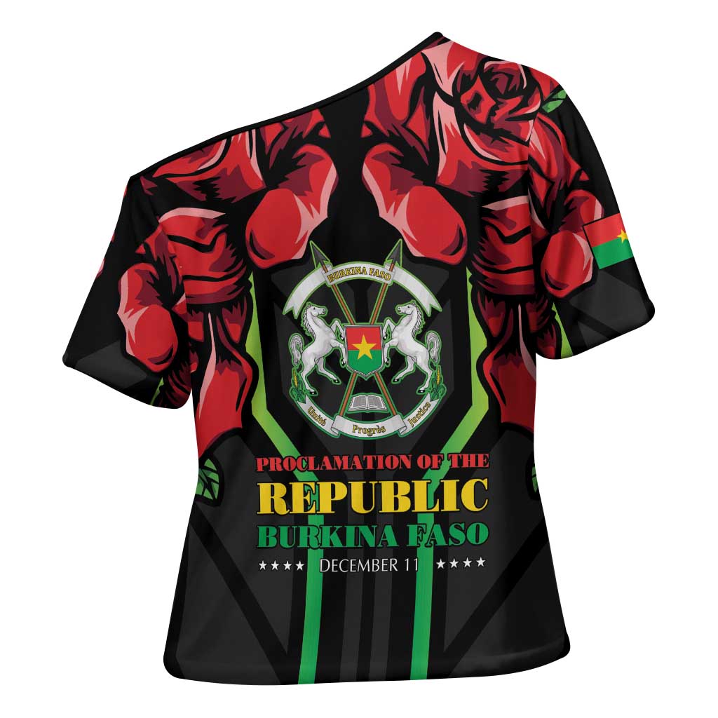 Burkina Faso Republic Day Cross Shoulder Shirt Coat Of Arms With Rose - Wonder Print Shop