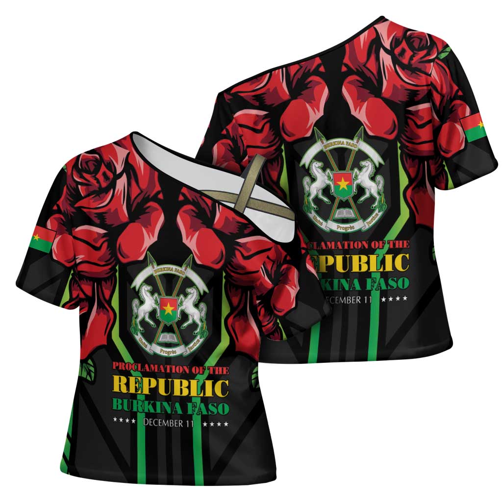 Burkina Faso Republic Day Cross Shoulder Shirt Coat Of Arms With Rose - Wonder Print Shop