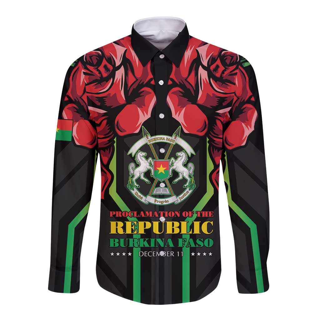 Burkina Faso Republic Day Long Sleeve Button Shirt Coat Of Arms With Rose - Wonder Print Shop