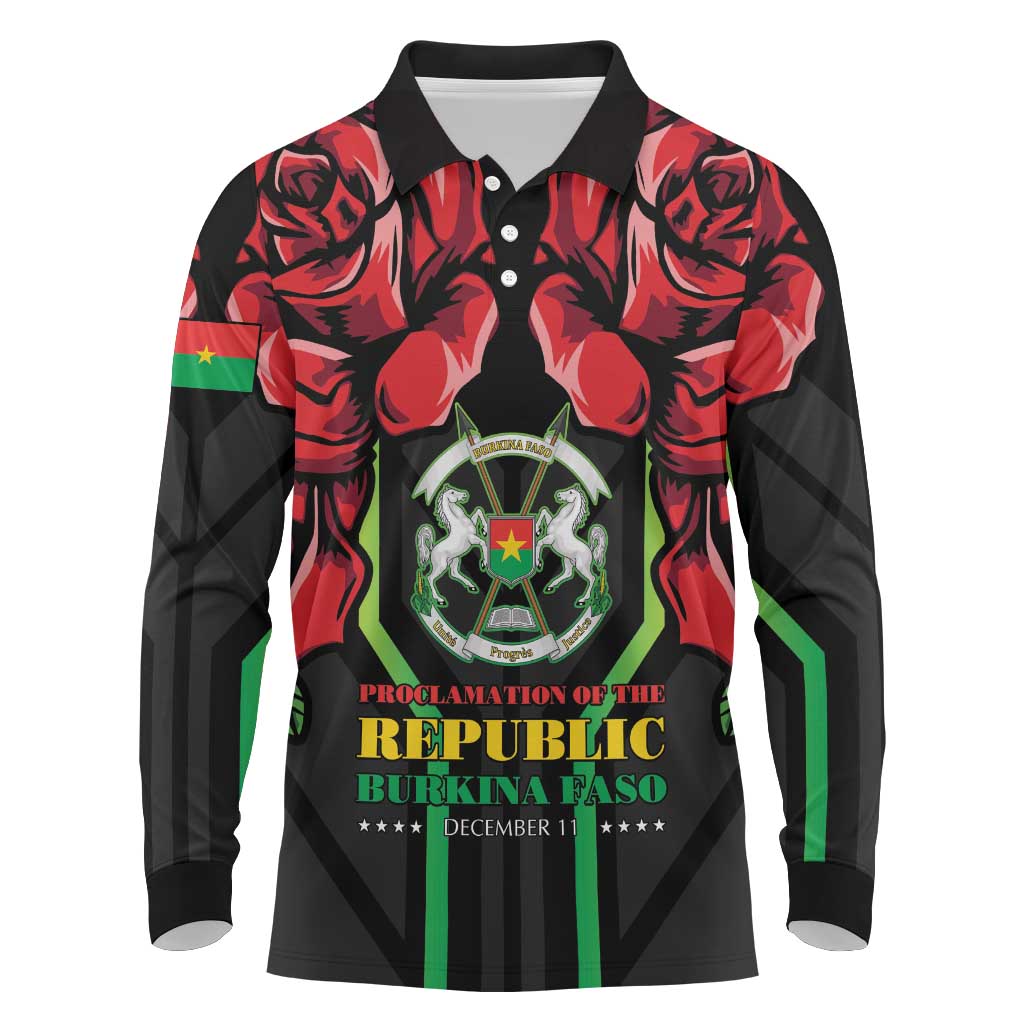 Burkina Faso Republic Day Long Sleeve Polo Shirt Coat Of Arms With Rose - Wonder Print Shop