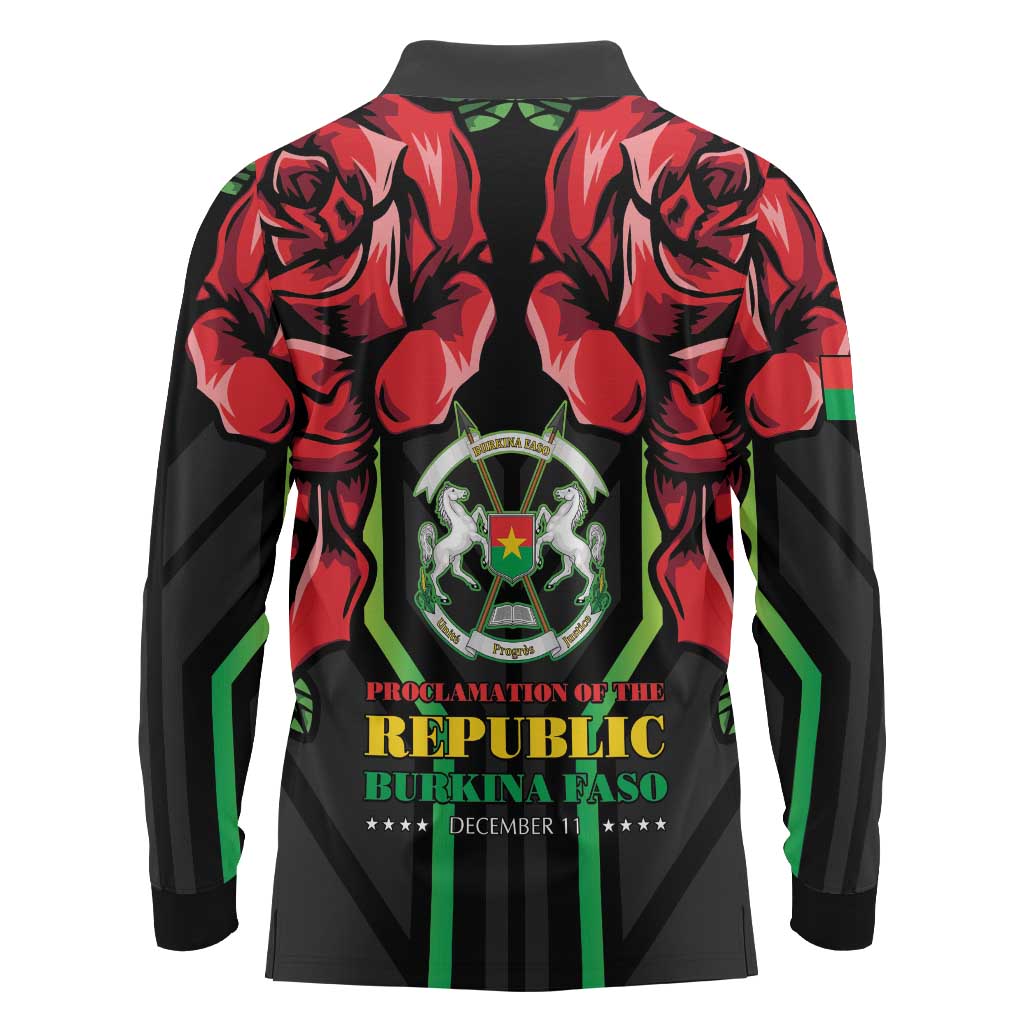 Burkina Faso Republic Day Long Sleeve Polo Shirt Coat Of Arms With Rose - Wonder Print Shop