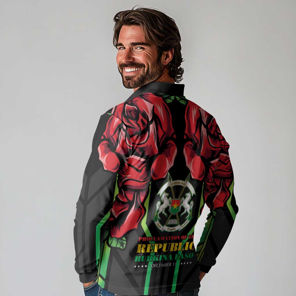 Burkina Faso Republic Day Long Sleeve Polo Shirt Coat Of Arms With Rose - Wonder Print Shop