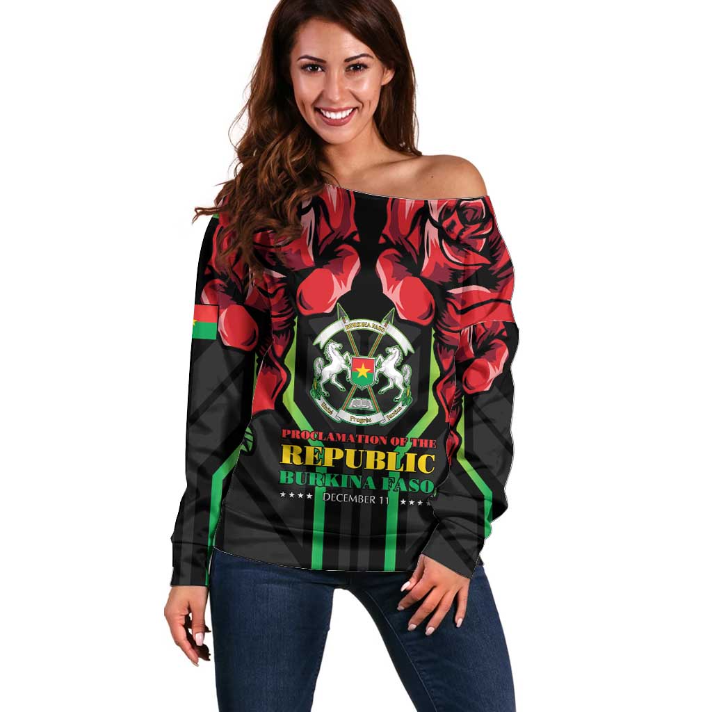 Burkina Faso Republic Day Off Shoulder Sweater Coat Of Arms With Rose - Wonder Print Shop