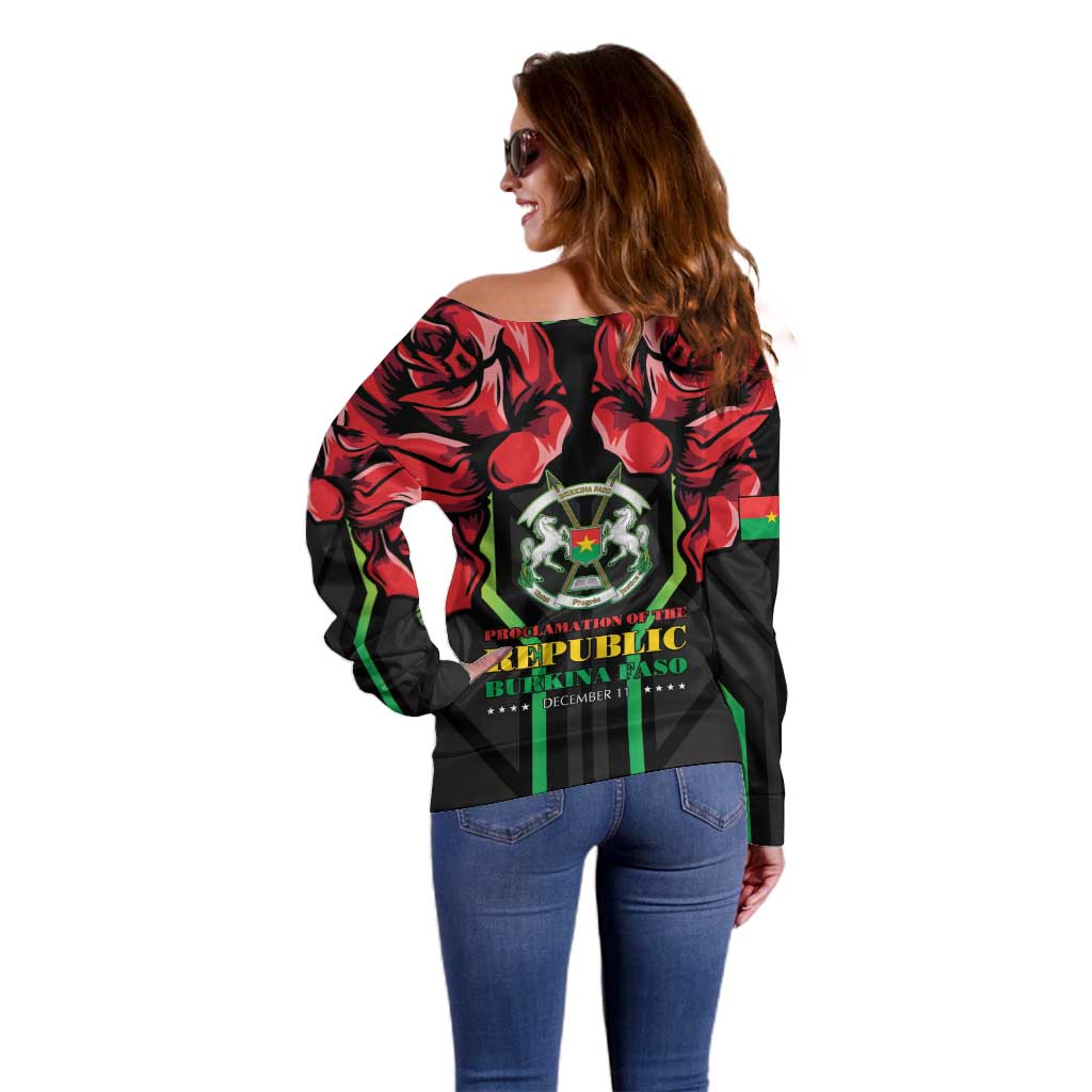 Burkina Faso Republic Day Off Shoulder Sweater Coat Of Arms With Rose - Wonder Print Shop