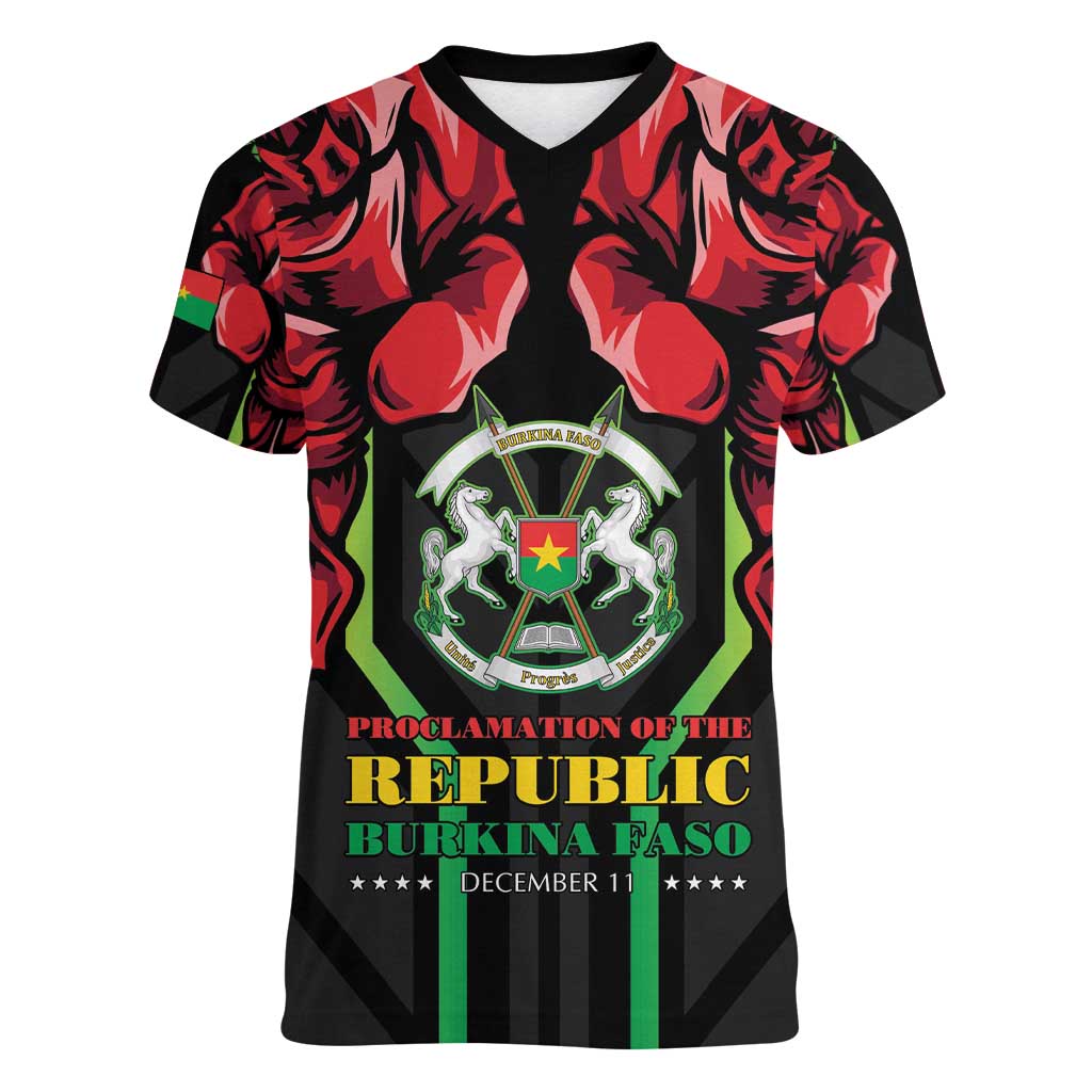 Burkina Faso Republic Day Women V-Neck T-Shirt Coat Of Arms With Rose - Wonder Print Shop
