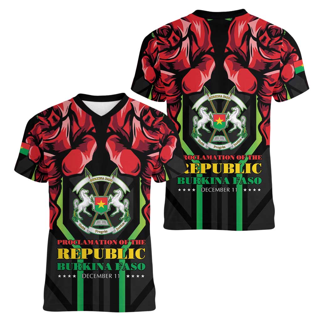 Burkina Faso Republic Day Women V-Neck T-Shirt Coat Of Arms With Rose - Wonder Print Shop