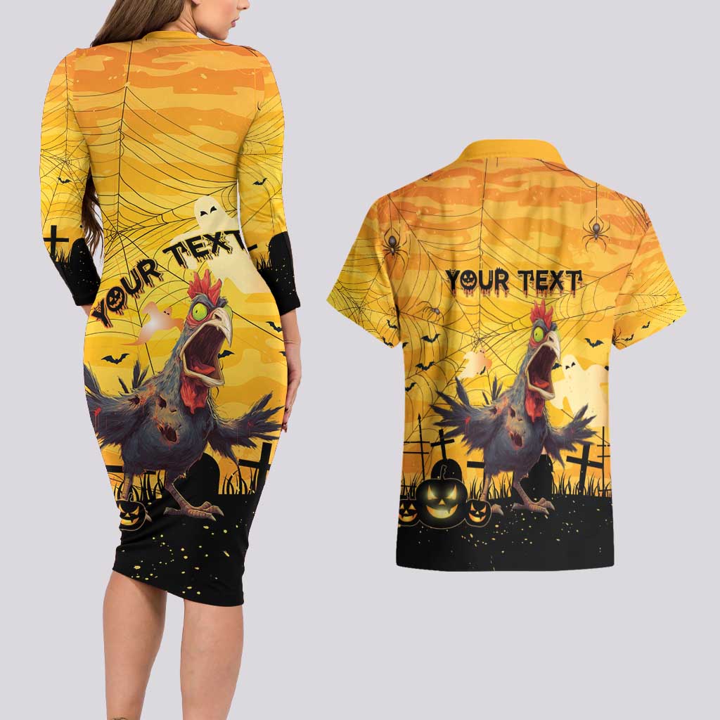Personalized Funny Halloween Zombie Chicken Couples Matching Long Sleeve Bodycon Dress and Hawaiian Shirt F’Caw Scary Poultry - Wonder Print Shop