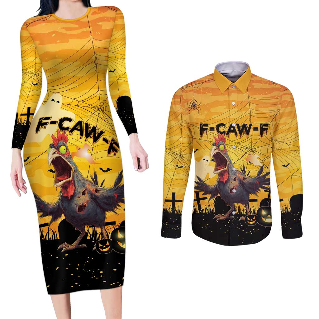 Personalized Funny Halloween Zombie Chicken Couples Matching Long Sleeve Bodycon Dress and Long Sleeve Button Shirt F’Caw Scary Poultry - Wonder Print Shop
