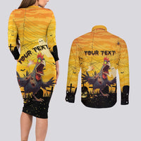 Personalized Funny Halloween Zombie Chicken Couples Matching Long Sleeve Bodycon Dress and Long Sleeve Button Shirt F’Caw Scary Poultry - Wonder Print Shop