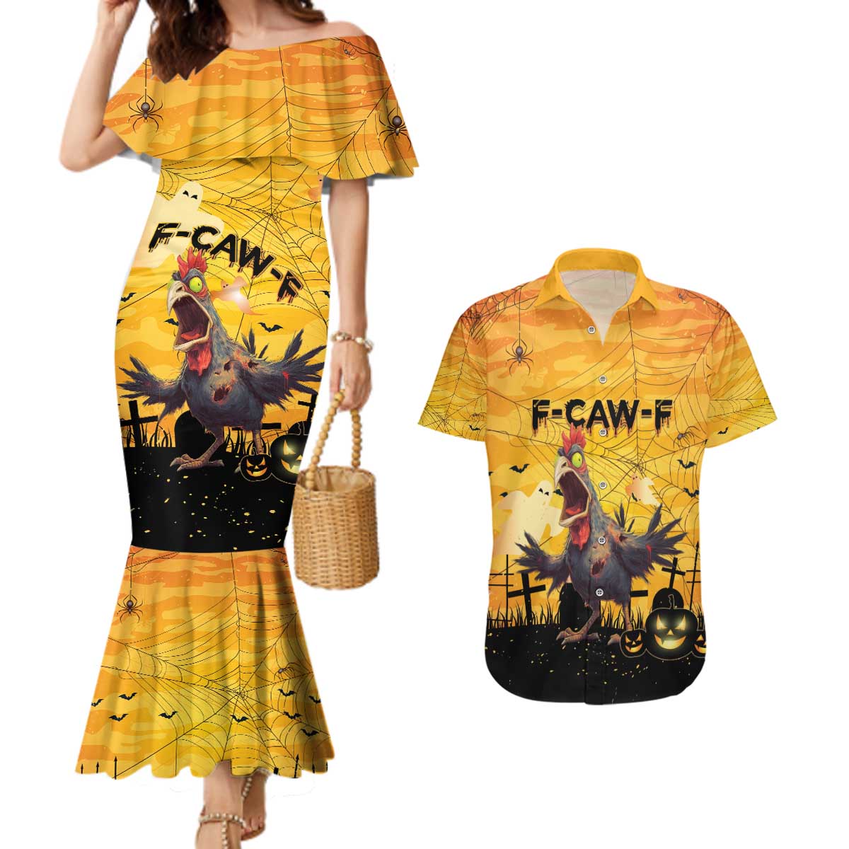 Personalized Funny Halloween Zombie Chicken Couples Matching Mermaid Dress and Hawaiian Shirt F’Caw Scary Poultry - Wonder Print Shop
