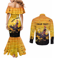 Personalized Funny Halloween Zombie Chicken Couples Matching Mermaid Dress and Long Sleeve Button Shirt F’Caw Scary Poultry - Wonder Print Shop