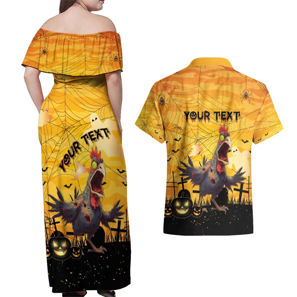 Personalized Funny Halloween Zombie Chicken Couples Matching Off Shoulder Maxi Dress and Hawaiian Shirt F’Caw Scary Poultry - Wonder Print Shop