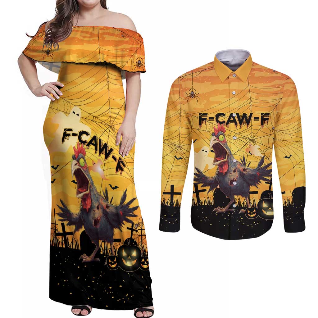 Personalized Funny Halloween Zombie Chicken Couples Matching Off Shoulder Maxi Dress and Long Sleeve Button Shirt F’Caw Scary Poultry - Wonder Print Shop
