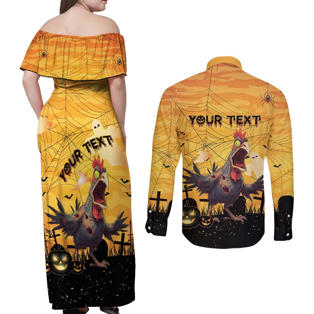 Personalized Funny Halloween Zombie Chicken Couples Matching Off Shoulder Maxi Dress and Long Sleeve Button Shirt F’Caw Scary Poultry - Wonder Print Shop