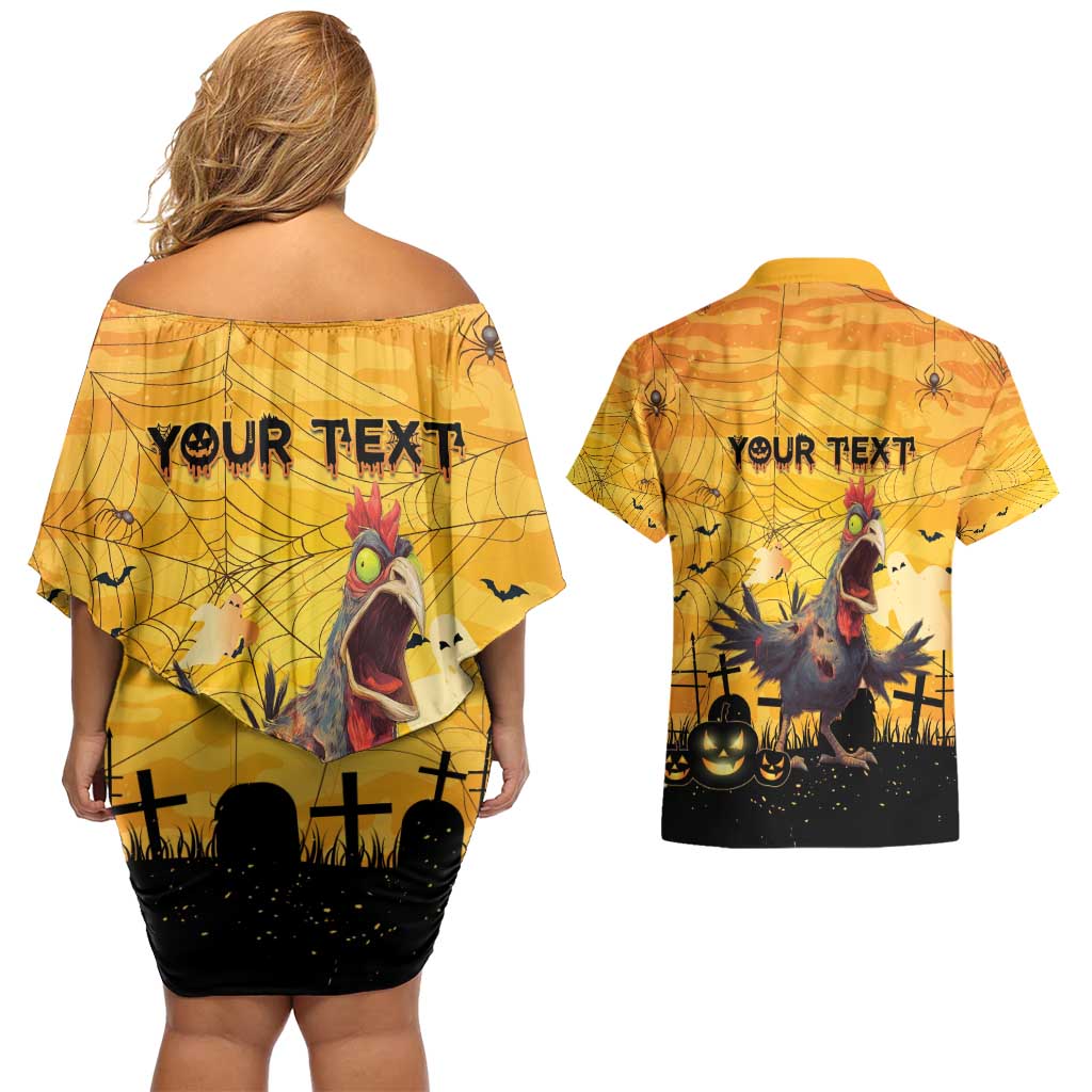 Personalized Funny Halloween Zombie Chicken Couples Matching Off Shoulder Short Dress and Hawaiian Shirt F’Caw Scary Poultry - Wonder Print Shop