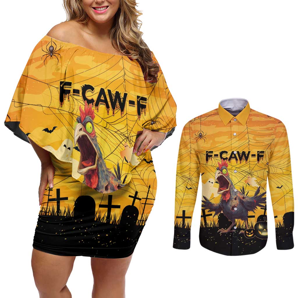 Personalized Funny Halloween Zombie Chicken Couples Matching Off Shoulder Short Dress and Long Sleeve Button Shirt F’Caw Scary Poultry - Wonder Print Shop