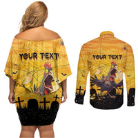 Personalized Funny Halloween Zombie Chicken Couples Matching Off Shoulder Short Dress and Long Sleeve Button Shirt F’Caw Scary Poultry - Wonder Print Shop