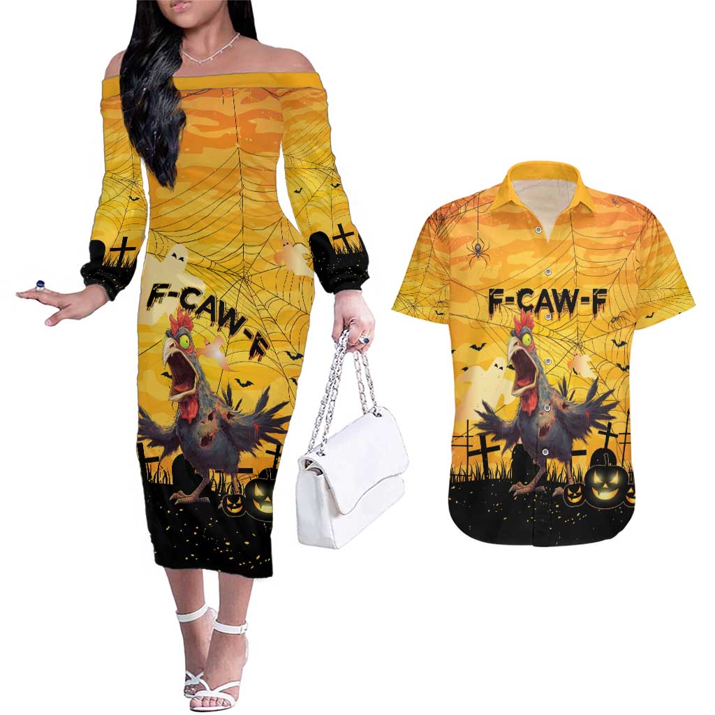 Personalized Funny Halloween Zombie Chicken Couples Matching Off The Shoulder Long Sleeve Dress and Hawaiian Shirt F’Caw Scary Poultry - Wonder Print Shop