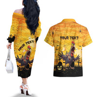 Personalized Funny Halloween Zombie Chicken Couples Matching Off The Shoulder Long Sleeve Dress and Hawaiian Shirt F’Caw Scary Poultry - Wonder Print Shop