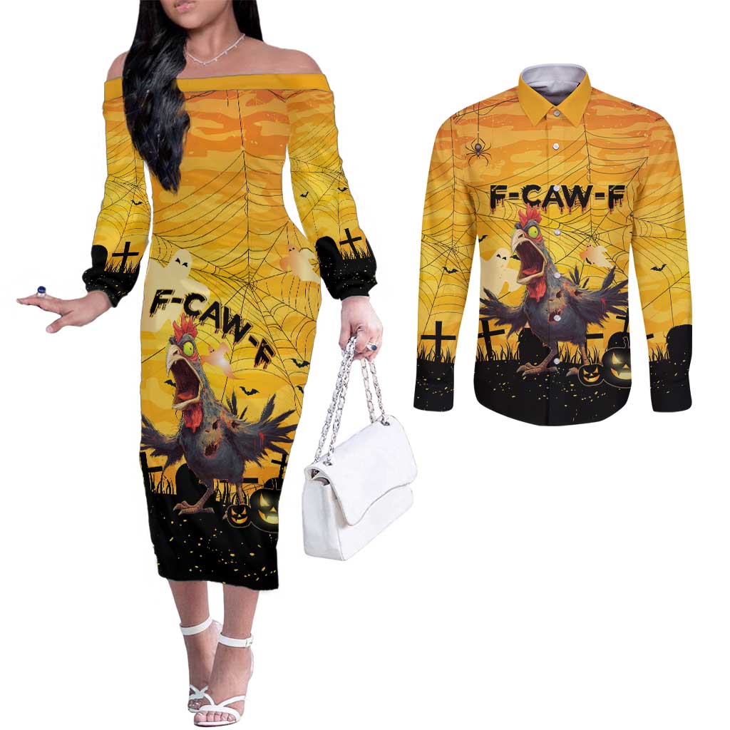 Personalized Funny Halloween Zombie Chicken Couples Matching Off The Shoulder Long Sleeve Dress and Long Sleeve Button Shirt F’Caw Scary Poultry - Wonder Print Shop
