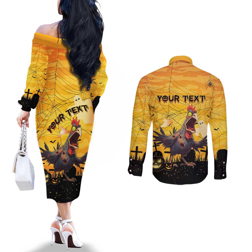 Personalized Funny Halloween Zombie Chicken Couples Matching Off The Shoulder Long Sleeve Dress and Long Sleeve Button Shirt F’Caw Scary Poultry - Wonder Print Shop