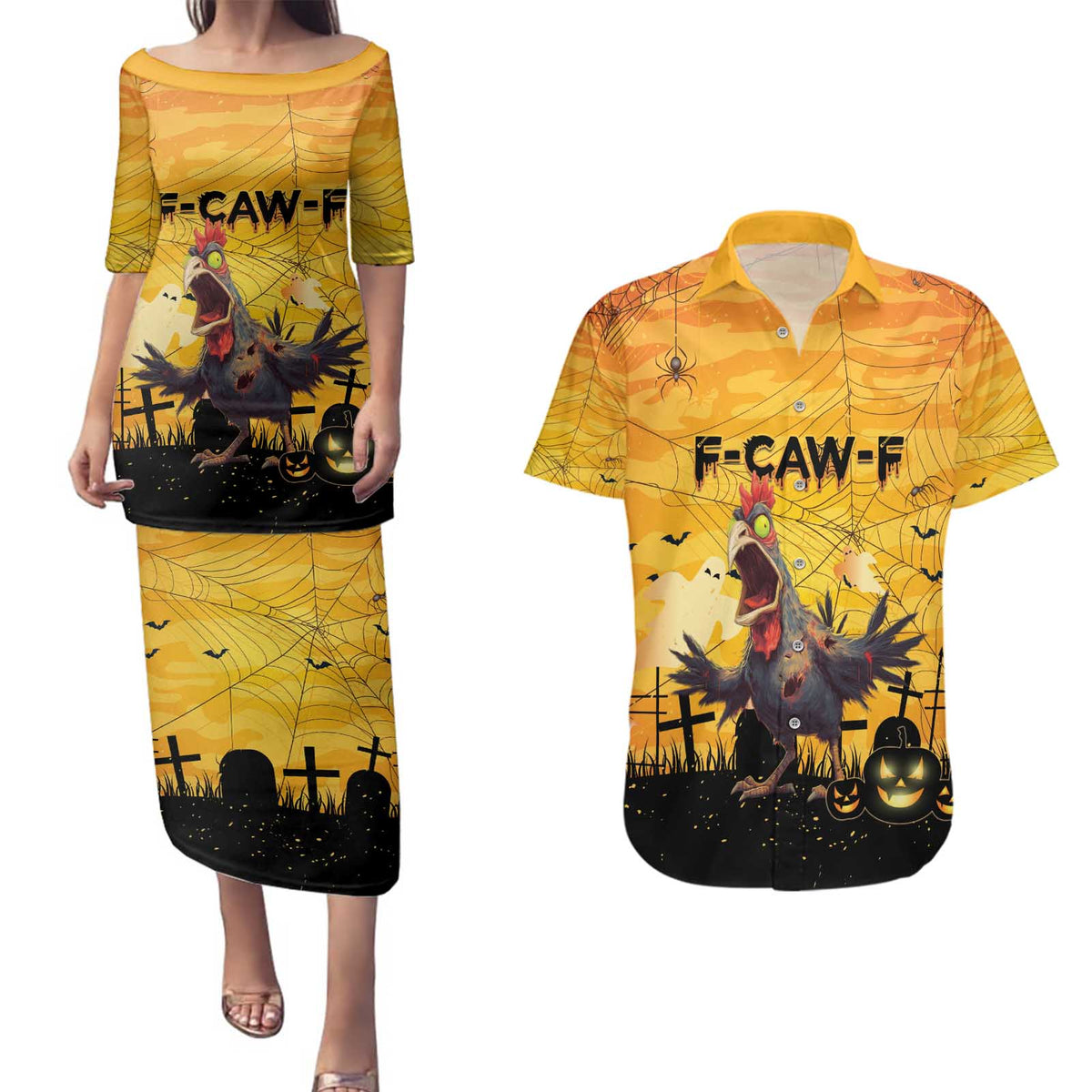 Personalized Funny Halloween Zombie Chicken Couples Matching Puletasi and Hawaiian Shirt F’Caw Scary Poultry - Wonder Print Shop