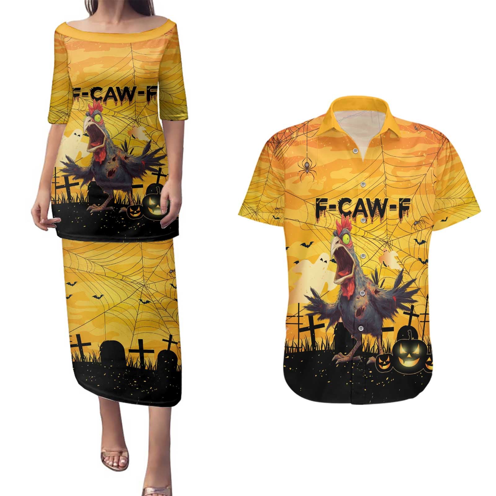 Personalized Funny Halloween Zombie Chicken Couples Matching Puletasi and Hawaiian Shirt F’Caw Scary Poultry - Wonder Print Shop