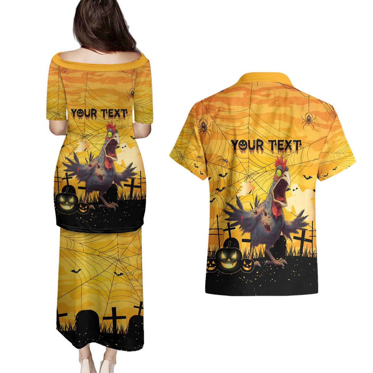 Personalized Funny Halloween Zombie Chicken Couples Matching Puletasi and Hawaiian Shirt F’Caw Scary Poultry - Wonder Print Shop