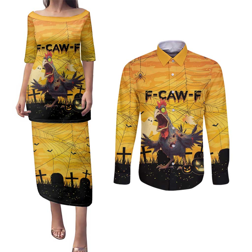 Personalized Funny Halloween Zombie Chicken Couples Matching Puletasi and Long Sleeve Button Shirt F’Caw Scary Poultry - Wonder Print Shop