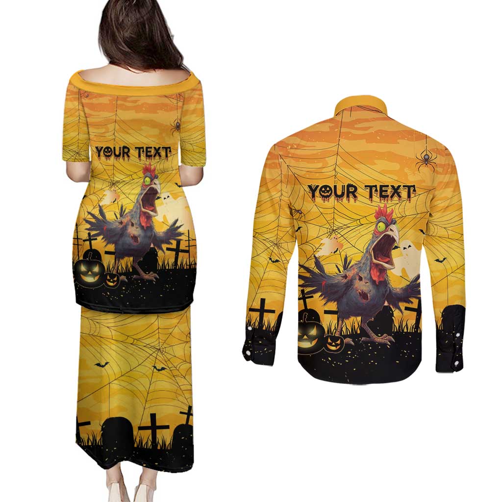 Personalized Funny Halloween Zombie Chicken Couples Matching Puletasi and Long Sleeve Button Shirt F’Caw Scary Poultry - Wonder Print Shop