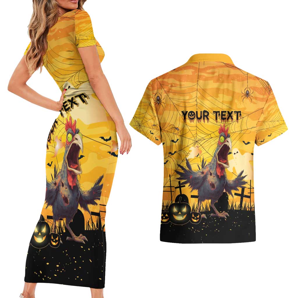 Personalized Funny Halloween Zombie Chicken Couples Matching Short Sleeve Bodycon Dress and Hawaiian Shirt F’Caw Scary Poultry - Wonder Print Shop