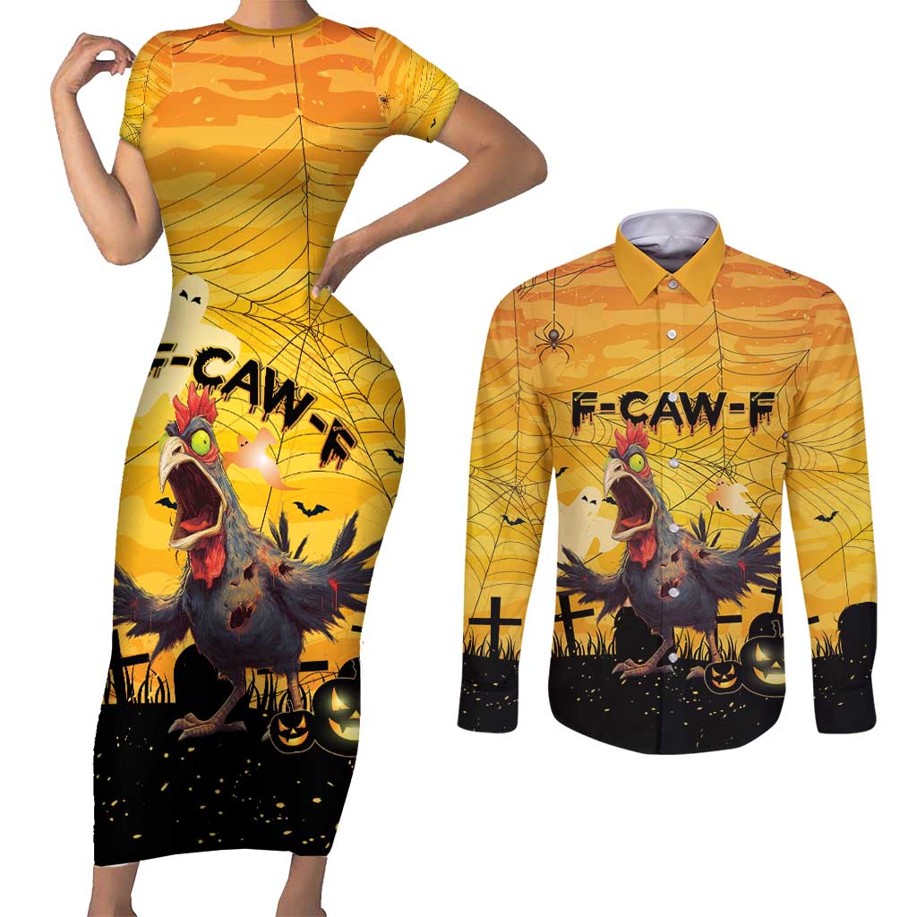 Personalized Funny Halloween Zombie Chicken Couples Matching Short Sleeve Bodycon Dress and Long Sleeve Button Shirt F’Caw Scary Poultry - Wonder Print Shop