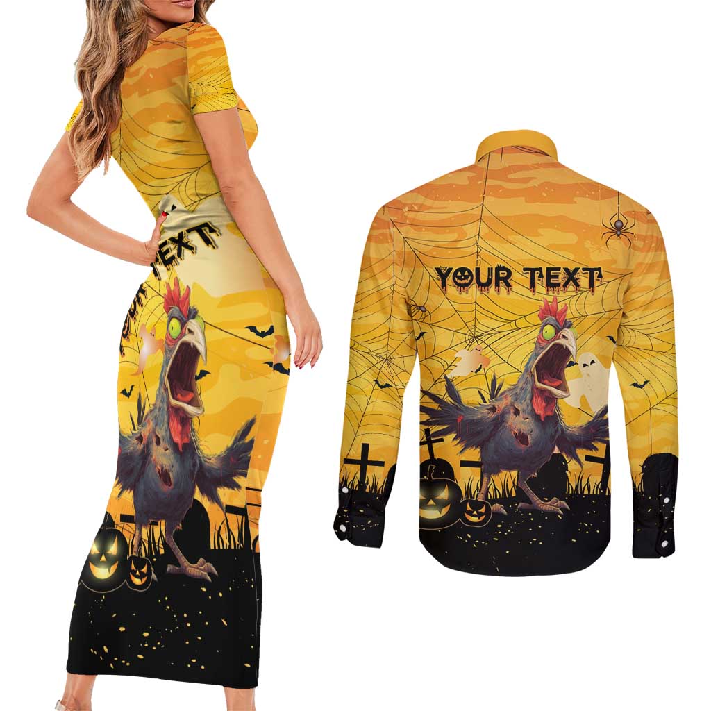 Personalized Funny Halloween Zombie Chicken Couples Matching Short Sleeve Bodycon Dress and Long Sleeve Button Shirt F’Caw Scary Poultry - Wonder Print Shop