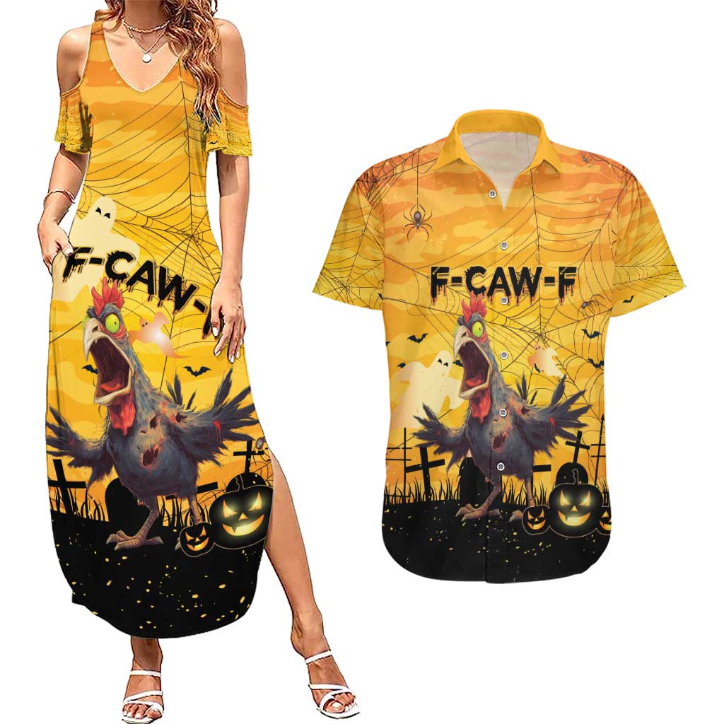 Personalized Funny Halloween Zombie Chicken Couples Matching Summer Maxi Dress and Hawaiian Shirt F’Caw Scary Poultry - Wonder Print Shop
