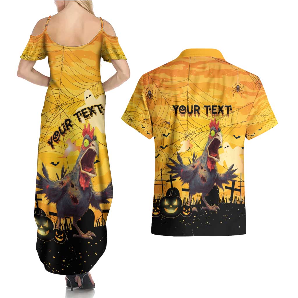 Personalized Funny Halloween Zombie Chicken Couples Matching Summer Maxi Dress and Hawaiian Shirt F’Caw Scary Poultry - Wonder Print Shop