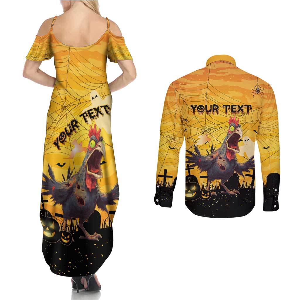 Personalized Funny Halloween Zombie Chicken Couples Matching Summer Maxi Dress and Long Sleeve Button Shirt F’Caw Scary Poultry - Wonder Print Shop